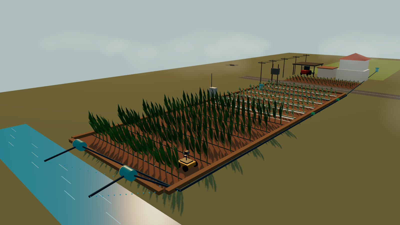 Apollo's simulated sugarcane field with irrigation, a scout rover and farm systems